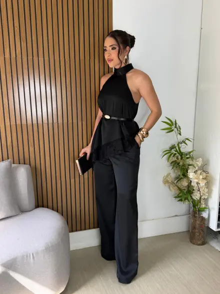 Conjunto de cetim com renda – Preto